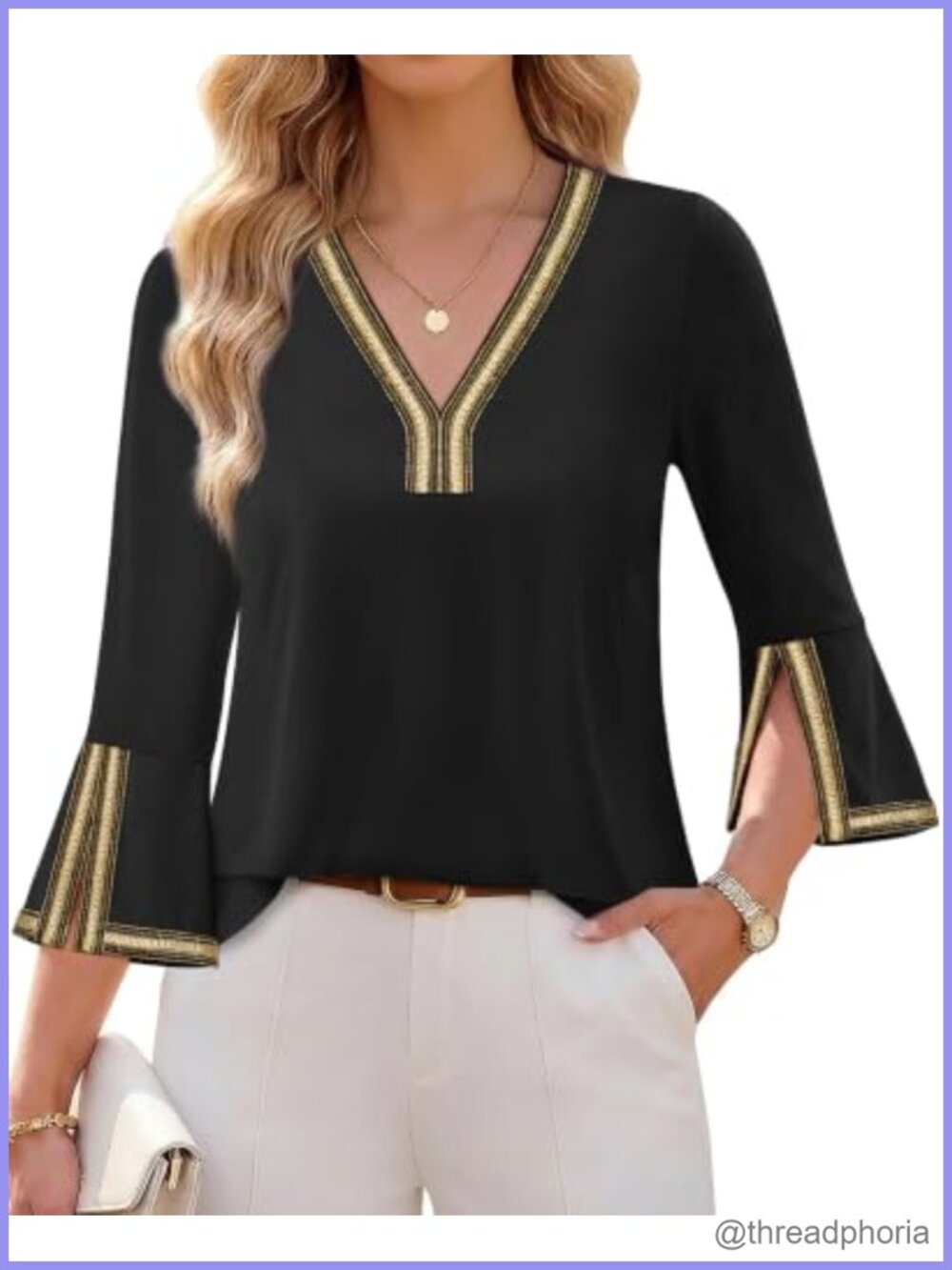 Womens 3/4 Sleeve Tunic Top Dressy Casual Loose Fit Blouse V-Neck
